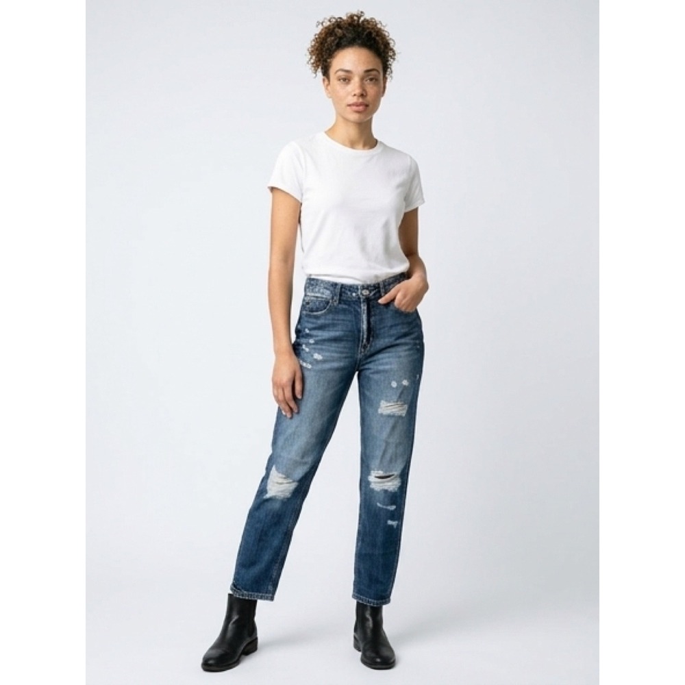 Kancan Distressed Boyfriend Jeans Womens Blue Excellent High Rise Shredded Denim